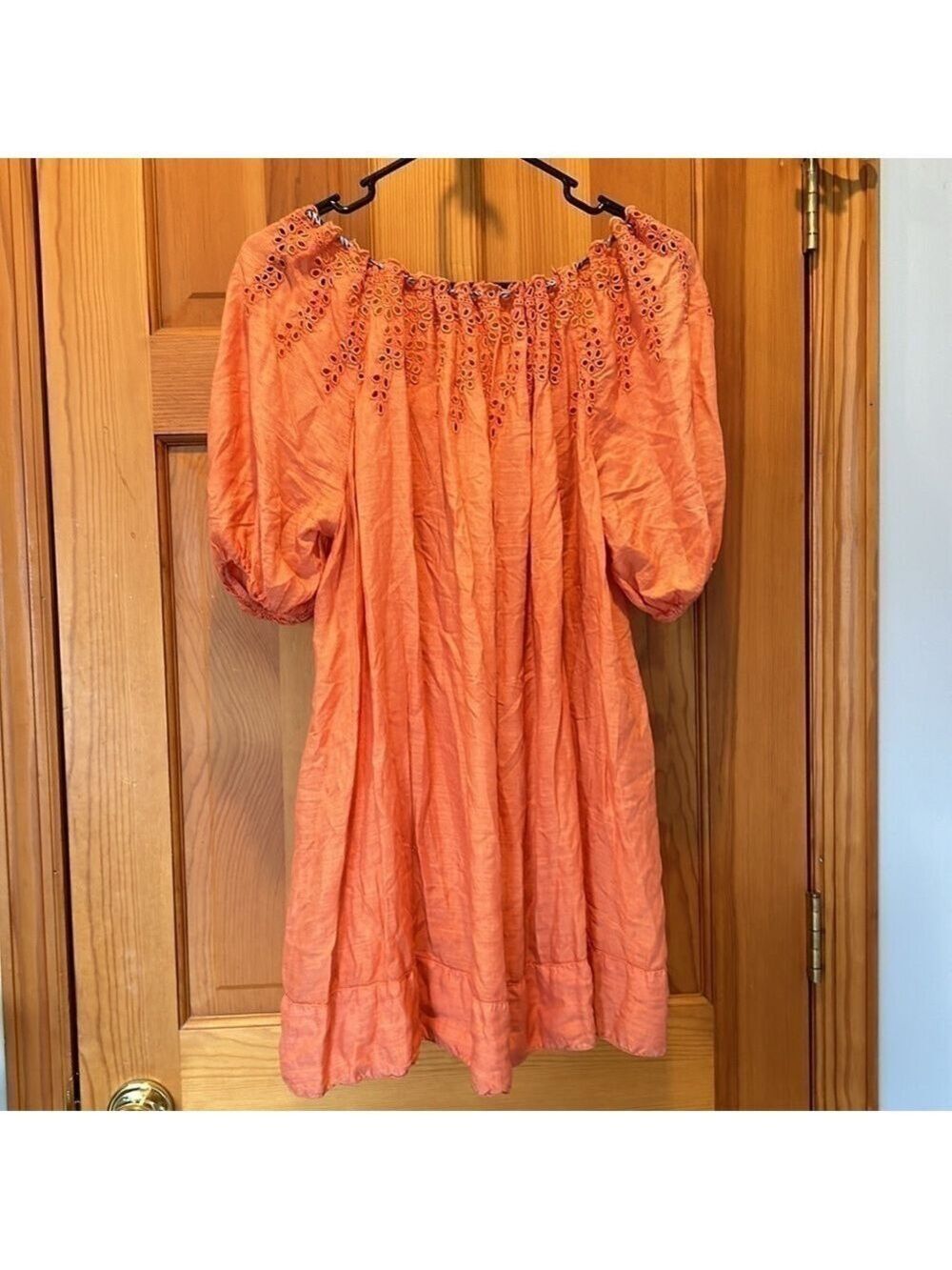 Free People Peach/Orange Short Puff Sleeve Eyelet Button-Up Tunic Top Size XS - Picture 2 of 8